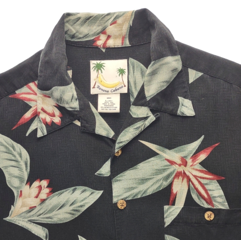 Banana Cabana Silk Black Tropical Print Short Sleeve Button Down Shirt Men Large